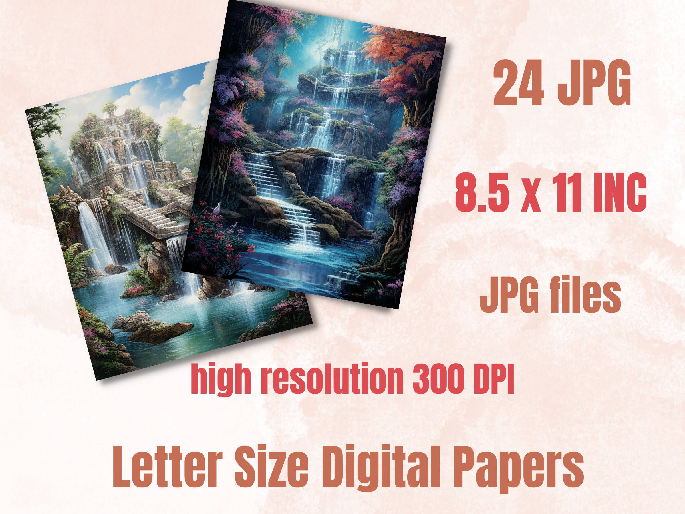 Printable Fantasy Waterfall Digital Paper, Mountain River Background ...