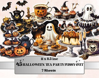 Halloween Tea Party Fussy Cut Pages, Victorian Tea Time Fussy Cut Ephemera Collection, Halloween Add On Journal Kit, Creepy Scrapbooking