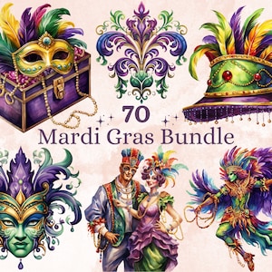70 PNG acuarela Mardi Gras Clipart, Mascarada Ilustración Clip art, Fleur De Lis png, Sublimación del Martes Gordo, Carnaval de Nueva Orleans png
