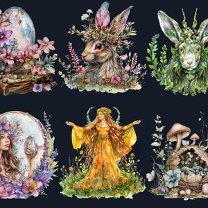 60 PNG Watercolor Ostara Clipart, Floral Spring Equinox Art Illustrations Clip art, Wheel of the Year png, Pagan Ostara Goddess Sublimation