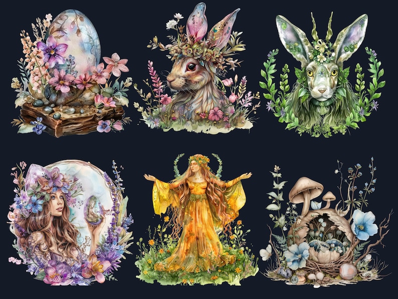60 PNG Watercolor Ostara Clipart, Floral Spring Equinox Art Illustrations Clip art, Wheel of the Year png, Pagan Ostara Goddess Sublimation