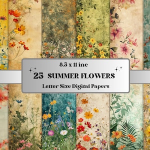 Carta digitale stampabile con fiori estivi, collage di prati, pagine di fiori di campo, kit di diario spazzatura floreale estivo, scrapbooking, creazione di cartoline
