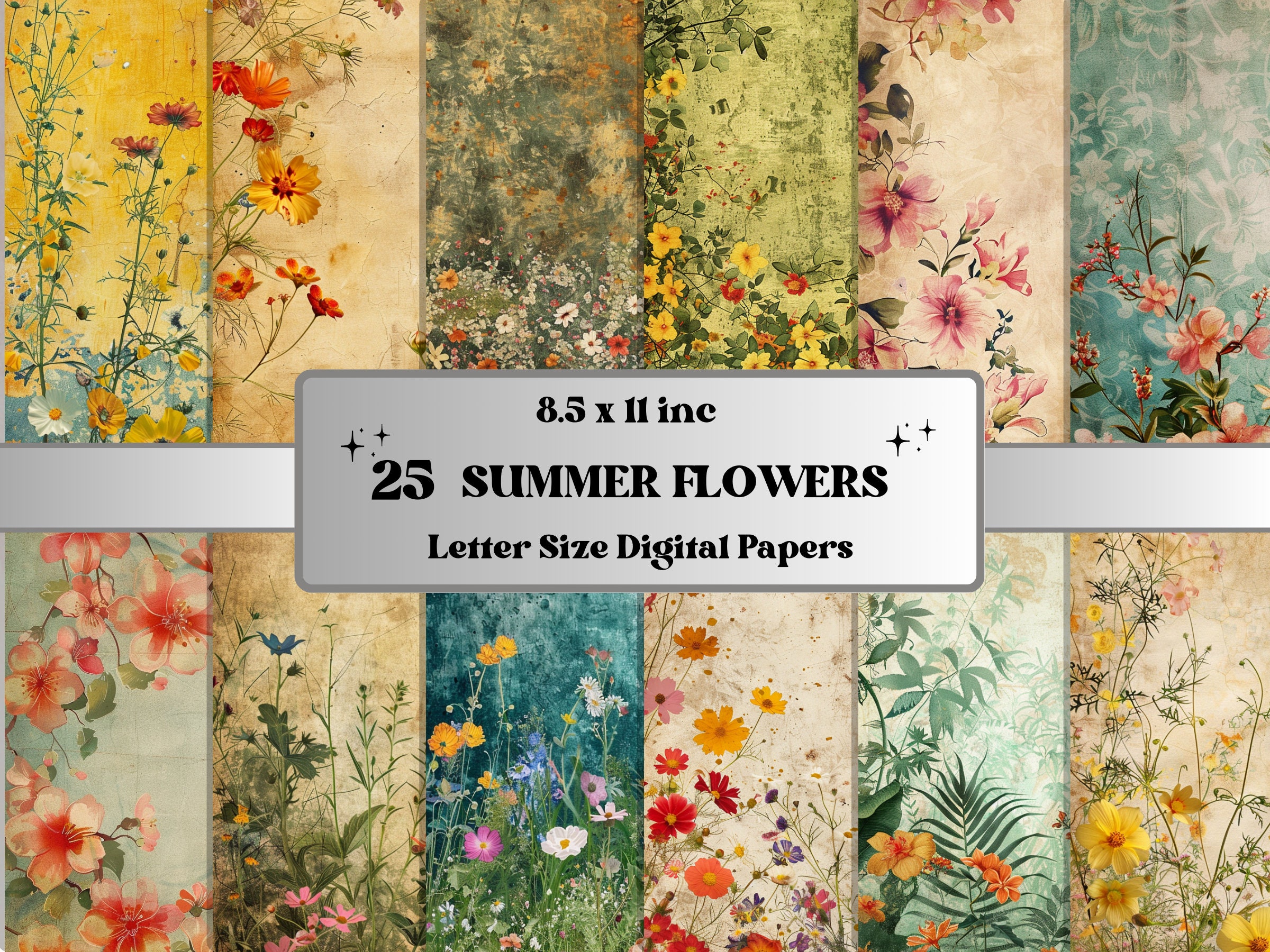 Papel digital de flores de verão para impressão, colagem de jardim de prado, páginas de flores silvestres, kit de diário floral de verão, álbum de recortes, fabricação de cartões