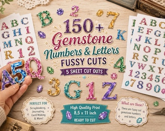 Gemstone Alphabet Fussy Cuts, 150+ Jewel Letters & Numbers, 5 Printable Sheets for Journals