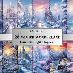 Papel digital imprimible Winter Wonderland, Fondo de bosque nevado, Telón de fondo de paisaje de castillo de fantasía, Descargar diario basura, Scrapbooking
