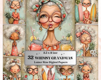 Whimsy Grandmas Digital Paper Pack | Quirky Funny Old Lady Junk Journal Scrapbook Printable, 32 Sheets Letter Size Instant Download