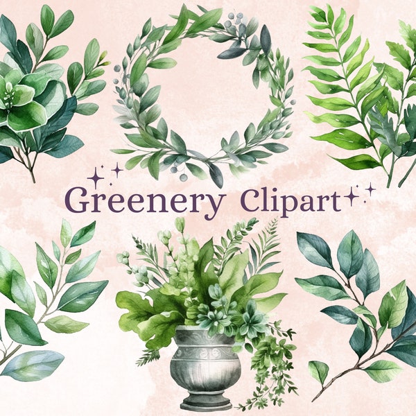 40 PNG Watercolour Greenery Clipart, Botanical PNG Clip Art, Greenery Wreaths Frames Borders, Foliage Clipart, Green Leaves and Branches PNG