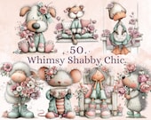 Shabby Chic Clipart Bundle | 50 Whimsical Quirky Floral PNG | Vintage Pastel Flowers Digital Download