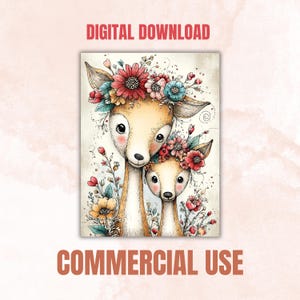 May include: Watercolor illustration of two deer with floral crowns. The deer are light brown with large eyes and pink cheeks. The image has the text "DIGITAL DOWNLOAD" and "COMMERCIAL USE" in a reddish-brown color.