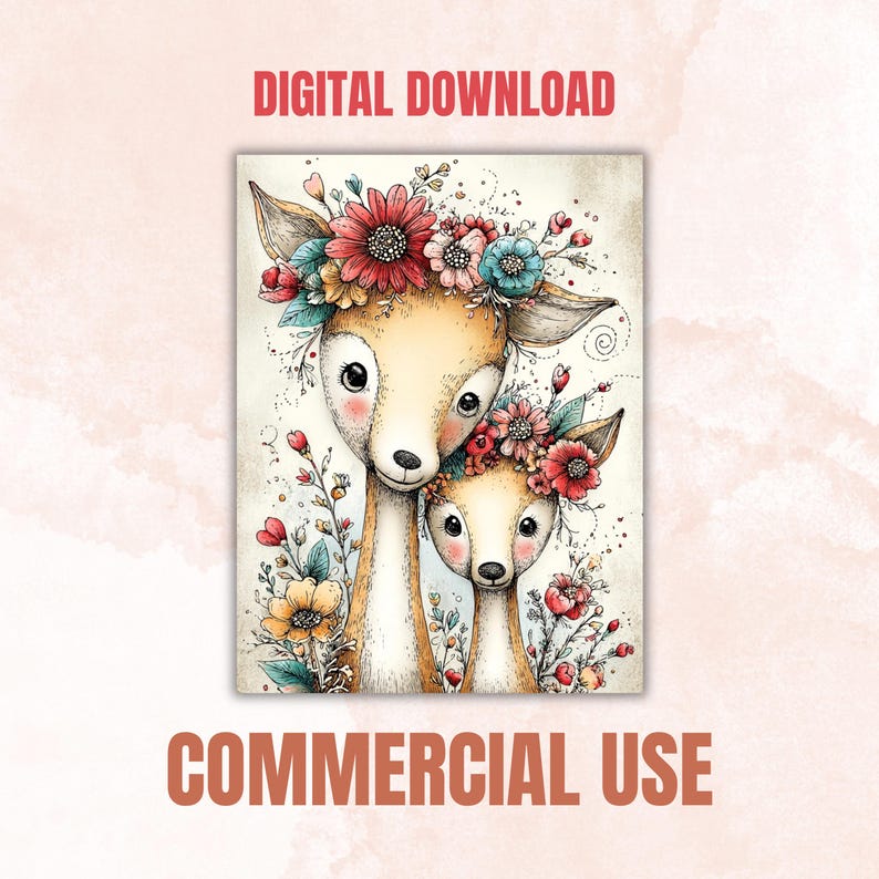 May include: Watercolor illustration of two deer with floral crowns. The deer are light brown with large eyes and pink cheeks. The image has the text "DIGITAL DOWNLOAD" and "COMMERCIAL USE" in a reddish-brown color.