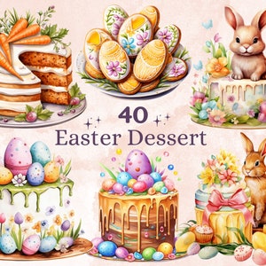 40 PNG Acquerello Pasqua Dessert Clipart, Illustrazioni floreali di dolci pasquali Clip art, Coniglietto pasquale Cupcake Sublimazione, Torta da forno Png