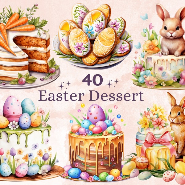 40 PNG Watercolor Easter Dessert Clipart, Floral Easter Sweet Illustrations Clip art,  Easter Bunny Cupcake Sublimation, Bakery Cake Png