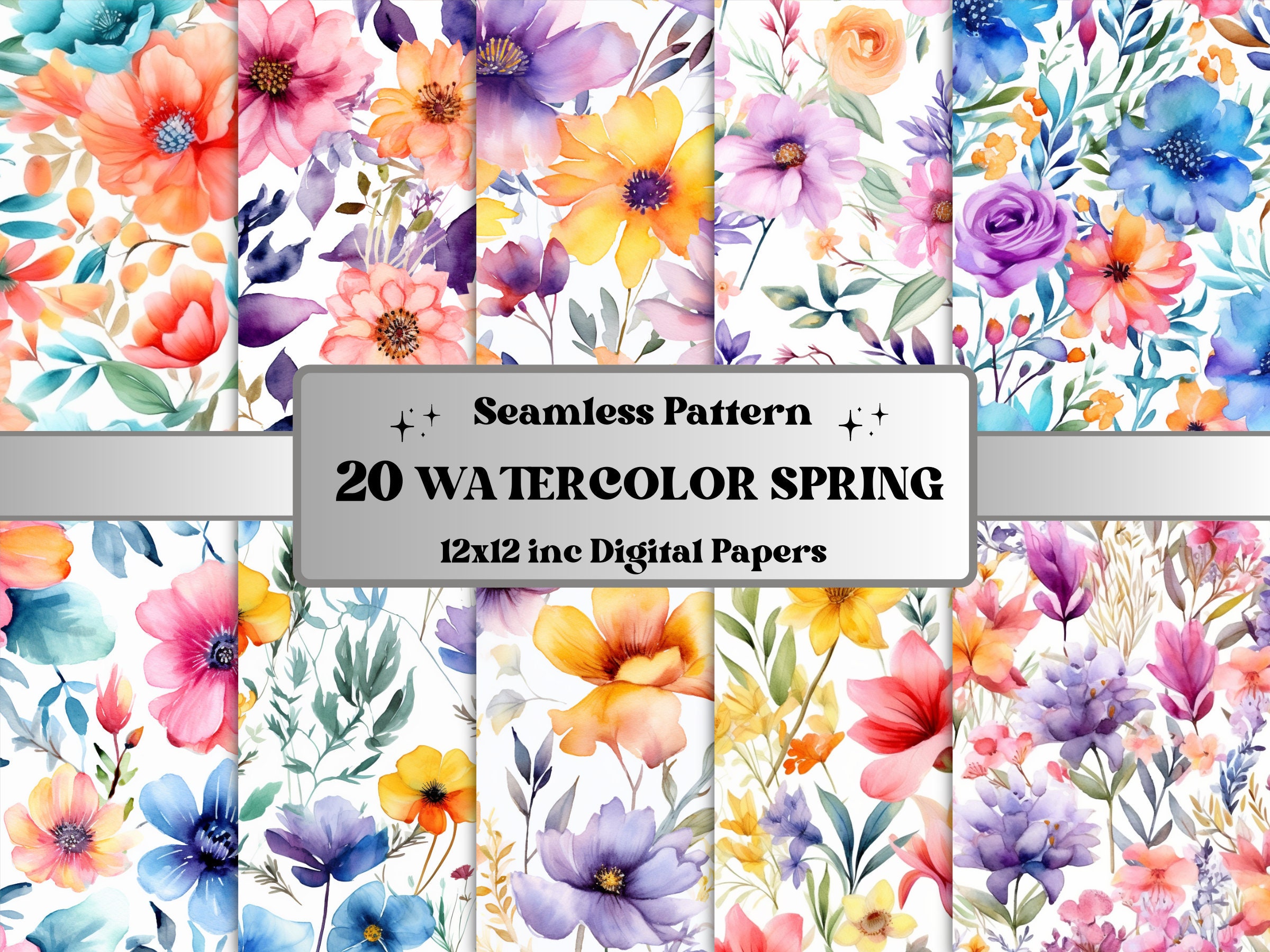 Watercolor Spring Floral Digital Paper, Flowers Seamless Pattern ...
