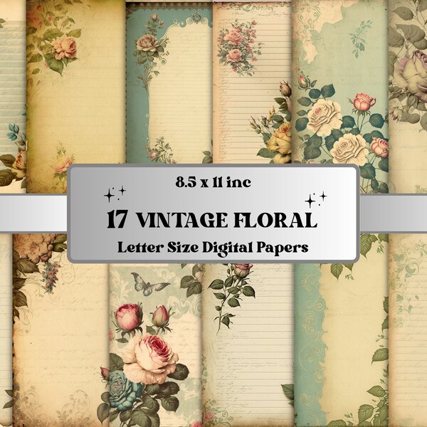 Printable JPG Pages Vintage Floral Junk Journal Digital Paper Pack, Vintage Flowers Scrapbook Paper, Vintage Journal Pages Ephemera Collage