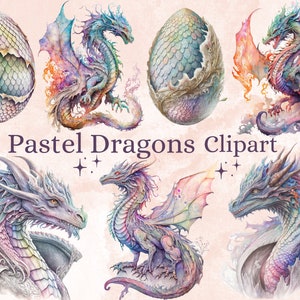 24 PNG Aquarel Pastel Draken Clipart, Fantasy Dragon Clip Art, Dragon png bundel, voor het maken van kaarten, Scrapbook, Junk Journal, Paper Crafts