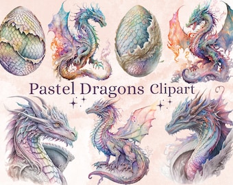 May include: Pastel coloured dragon clipart images. The images include a dragon in an egg, a dragon with wings spread, a dragon head, and a dragon with its wings folded. The dragons are all in various shades of pink, blue, and green.