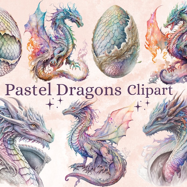 24 PNG Watercolor Pastel Dragons Clipart, Fantasy Dragon Clip Art, Dragon png bundle, for Card Making, Scrapbook, Junk Journal, Paper Crafts