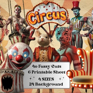 Kit de collage de circo surrealista, efímeras de circo extravagantes, imágenes prediseñadas de personajes de circo extravagantes, hojas recortadas de diario basura extravagante + paquete de fondos