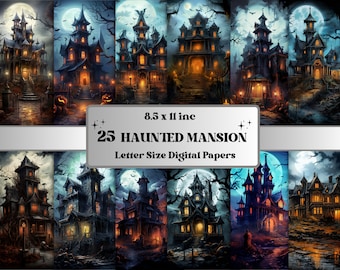 Druckbare Haunted Mansion digitales Papier, Halloween Häuser Hintergrund, dunkle Fantasy Landschaft Seiten, Download Journal, Scrapbooking, Karten