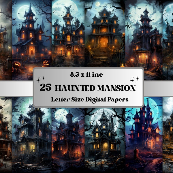 Druckbare Haunted Mansion digitales Papier, Halloween Häuser Hintergrund, dunkle Fantasy Landschaft Seiten, Download Journal, Scrapbooking, Karten