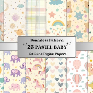 Papier à motifs pastel sans couture pour bébé, éphémères pastel pour chambre de bébé, pages transparentes pour baby shower mignonnes, arrière-plan nouveau-né, motifs ours en peluche