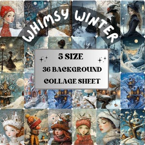 Whimsy Winter Collage Paper Kit, Surreal Winter Mixed Media Art Sheet, Whimsical Snowy Ephemera Images, Quirky Junk Journal, Scrapbook Paper