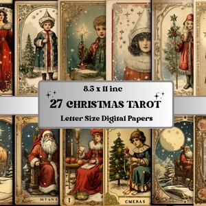 Papel digital de tarot de Navidad imprimible, baraja de tarot de Navidad vintage, páginas de Navidad retro, descargar diario basura, scrapbooking, fabricación de tarjetas