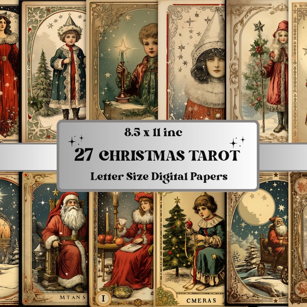 Printable Christmas Tarot Digital Paper, Vintage Christmas Tarot Deck, Retro Xmas Pages, Download Junk Journal, Scrapbooking, Card Making