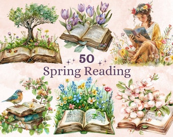 50 PNG Watercolor Spring Reading Clipart, Floral Spring Book Illustrations Clip art, Cozy Bookworm Corner Png, Fantasy Open Book Sublimation