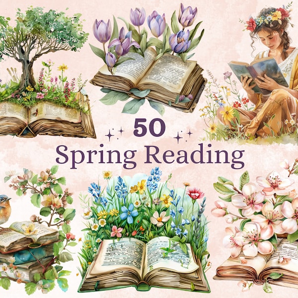 50 PNG Watercolor Spring Reading Clipart, Floral Spring Book Illustrations Clip art, Cozy Bookworm Corner Png, Fantasy Open Book Sublimation