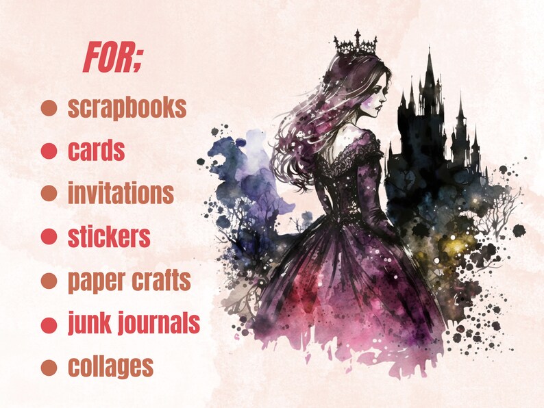 26 PNG Watercolor Gothic Princess Clipart, Princess Clip Art Watercolour Bundle, Gothic Clip art png, Dark Fairytale Fantasy PNG Bundle