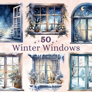50 PNG aquarela janelas de inverno clipart, ilustrações de cenas de inverno aconchegantes Clip art, Winter Wonderland Png, sublimação de janela de neve de inverno