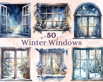 50 PNG akvarell vinterfönster clipart, mysiga vinterscener illustrationer clipart, vinterunderlandet png, vinter snöiga fönster sublimering