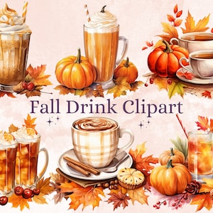 30 Clipart de bebida de outono em aquarela PNG, clipart de ilustrações de café de outono, café com leite de abóbora com especiarias png, sublimação de guloseimas de coquetéis de outono aconchegantes