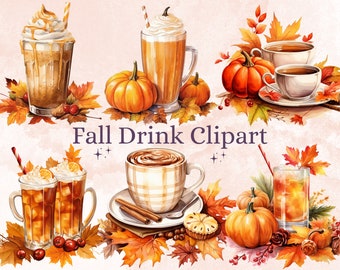 30 PNG aquarel herfst drankje clipart, herfst koffie illustraties illustraties, Pumpkin Spice Latte png, gezellige herfst cocktail behandelt sublimatie