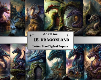 Printable Fantasy Dragonland Digital Paper, Magical Mystery Dragon Digital Paper, Dragon Cards, Download Junk Journal, Scrapbooking, Collage