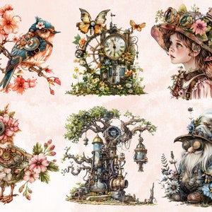 60 PNG Watercolor Steampunk Spring Clipart, Floral Spring Illustrations Clip art, Steampunk Flowers png, Fantasy Industrial Sublimation