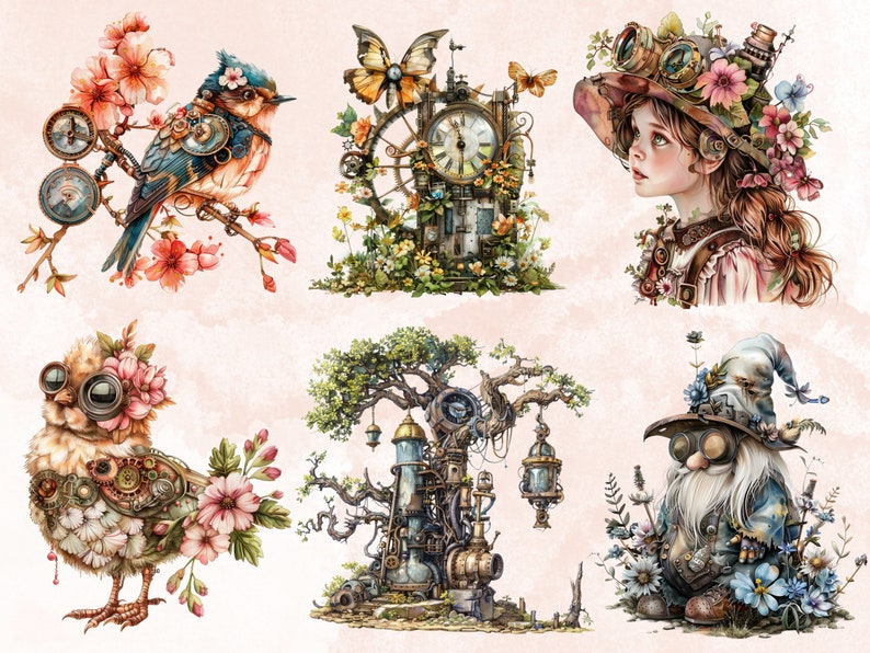 60 PNG Watercolor Steampunk Spring Clipart, Floral Spring Illustrations Clip art, Steampunk Flowers png, Fantasy Industrial Sublimation