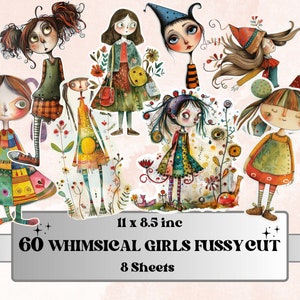 Puede incluir: Un conjunto de 60 ilustraciones de chicas caprichosas, recortadas y listas para usar en proyectos de manualidades. Las ilustraciones están impresas en 8 hojas de papel y miden 28 x 21,5 cm.