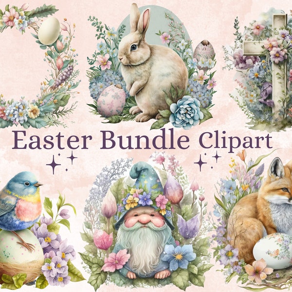 37 PNG Watercolour Easter Clipart Bundle, Happy Easter Clip Art, Spring Floral Easter png, Pastel Easter pack files for sublimation design