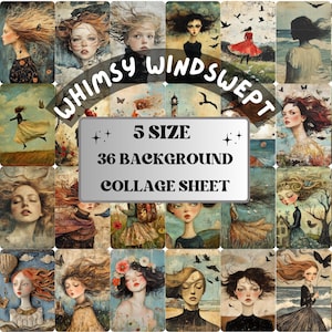 Whimsy Windswept Collage Paper, Surreal Quirky Art Mixed Media Sheet, Whimsical Ephemera Images, Quirky Junk Journal, Windy Scrapbook Paper