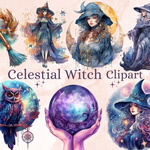 35 PNG Watercolor Celestial Witch Clipart, Celestial Witchcraft Clip art, witch clip art png, magic clip art, Witch Bundle, witchcraft png