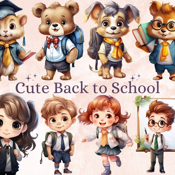 50 PNG Watercolor Cute Back to School Bundle Clipart, Academia Illustrations Clip art, Student Animals png, Cartoon School Sublimation