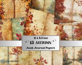 May include: 15 digital papers featuring autumn leaves and landscapes in warm tones. The papers are 11 x 8.5 inches and are perfect for junk journaling.
