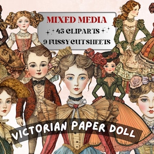 Whimsical Victorian Girls Mixed Media Clipart, Whimsy Victorian Doll Fussy Cut Collage Sheet, Quirky Cut Out Ephemera, for Scrapbooking