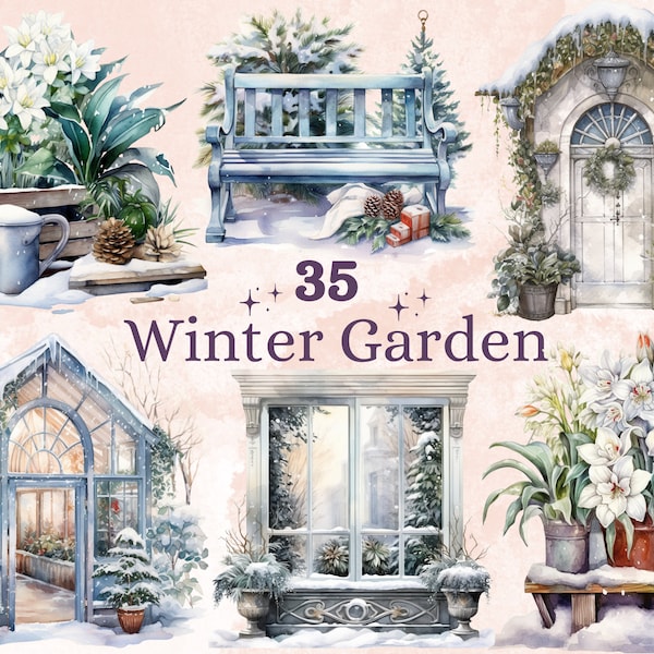 35 PNG Aquarell Winter Garten Clipart, gemütliche Winter botanische Illustrationen Clip art, Winter Wunderland Png, Winter Wald Sublimation
