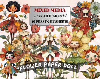 Whimsical Flower Girl Mixed Media Clipart, Whimsy Floral Fussy Cut Collage Sheet, Quirky Cut Out Ephemera, for Scrapbooking, Junk Journal