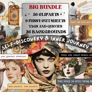 Self-Discovery & Inner Journey Collage Elements, Whimsical Ephemera Fussy Cut, Inspirational Tags and Quotes, Surreal Feelings Scrapbook