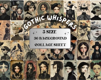 May include: A collage sheet with 36 different images of gothic-inspired illustrations. The images feature women with dark hair and clothing, often with flowers or birds. The text "Gothic Whispers" and "5 Size 36 Background Collage Sheet" is printed on the sheet.