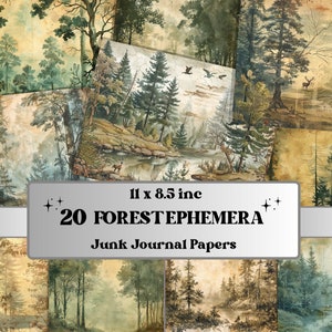 Vintage bostextuur Junk Journal Paper, Forest Ephemera Kit, Woodland Collage Scrapbook Paper, afdrukbare horizontale digitale pagina's